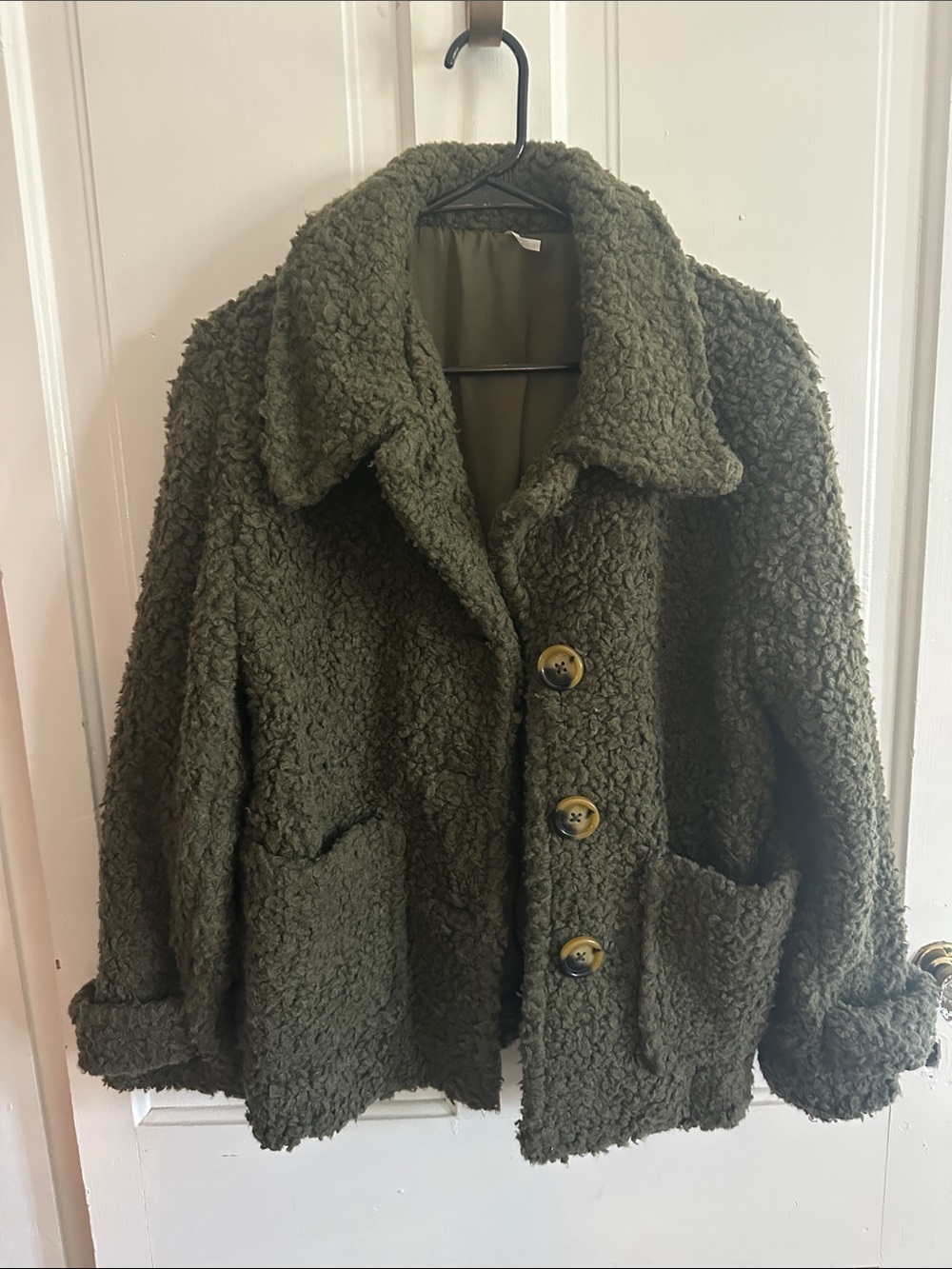 Free People Olive Teddy Bouclé Button-Front Jacket